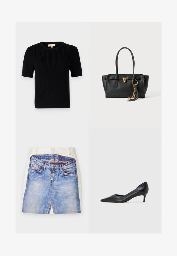 Sort strikket sweater med korte ærmer og rund hals. Har en ribbet tekstur og en lige kant. Mærke på den indvendige krave.; Kort denimskørtdesign med et trykt blåjeansmønster, der har en hvid talje, orange syninger og detaljer med sidesømmel.; Sort læderpumpe med spids tå og lav hæl. Har en glat tekstur og subtil glans. Åben udskæring foran for ekstra detalje.; Sort læder skuldertaske med dobbelte håndtag, guld lås og kædedetalje samt sort-hvid kvast tilbehør mod hvid baggrund.