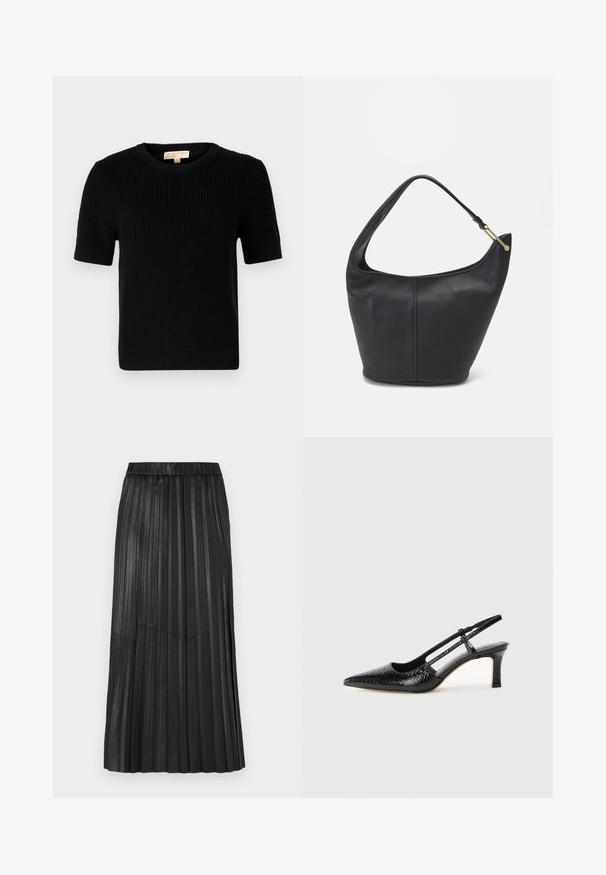 Črn pleteni pulover s kratkimi rokavi in okroglo izreza. Ima rebrasto teksturo in naravnost krojen rob. Etiketa na notranji strani ovratnika.; Črna nabrana krila iz sintetičnega materiala z elastičnim pasom in vertikalnimi nabraninami, ki ima na sprednji strani V-oblikovano šivno podrobnost.; Črne lakaste slingback pete s koničastim nosom, ki imajo teksturiran vzorec kačje kože, nastavljiv trak in kratek teksturiran blok peto.; Črna usnjena torbica ovalne oblike, s širokim pasom in teksturirano površino. Ima subtilno šivano podrobnost in zlate dodatke.