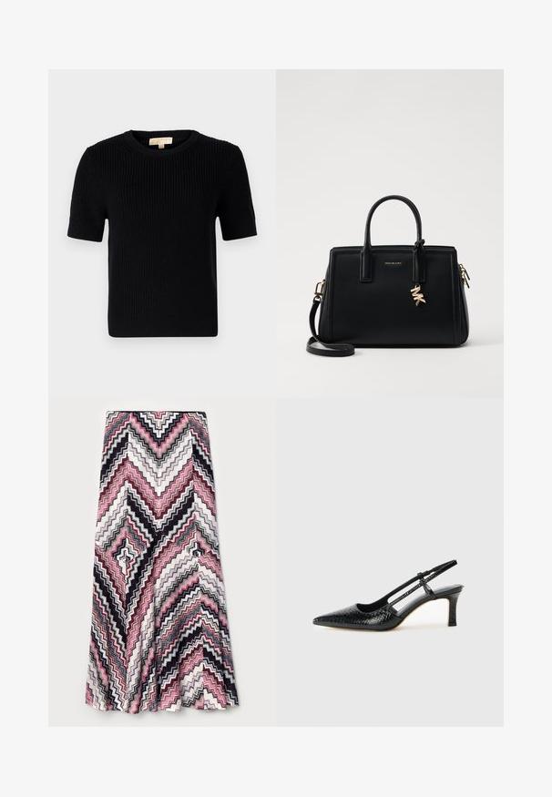 Czarny, dziany sweter z krótkim rękawem o okrągłym dekolcie. Posiada ribbowaną strukturę i prostą linię dołu. Metka na wewnętrznym kołnierzyku.; Maxi spódnica z wzorem w zygzak w kolorze różowym, czarnym i białym, uszyta z teksturowanej tkaniny z rozkloszowanym dołem.; Czarne lakierowane czółenka na obcasie typu slingback z wąskim noskiem, z teksturowanym wzorem wężowym, regulowanym paskiem oraz krótkim, teksturowanym obcasem w kształcie słupka.; Czarna skórzana torebka o strukturalnym designie, z dwiema górnymi uchwytami, odpinanym paskiem na ramię, złotymi akcesoriami i zawieszką z logo.
