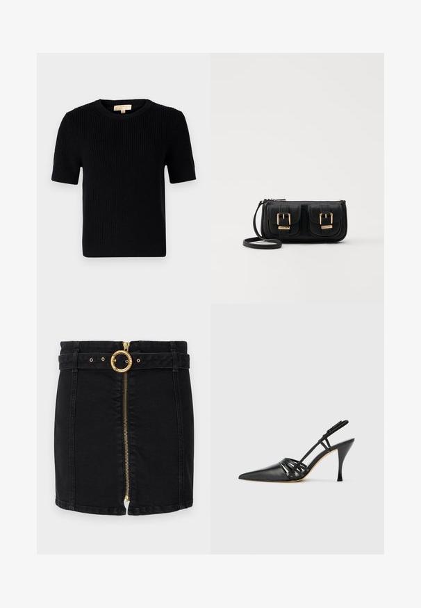 Černý pletený svetr s krátkým rukávem a kulatým výstřihem. Má odřenou texturu a rovný lem. Štítek na vnitřní straně límce.; Černá džínsová sukně se zlatou kulatou sponou, předním zipem a poutky na opasek. Vyznačuje se přiléhavým střihem a rovním lemem.; Černá kožená lodička na vysokém podpatku s otevřenou patou, špičatou špičkou, křížovými popruhy a štíhlým jehlovým podpatkem. Hladký povrch a minimální akcenty.; Černá kožená crossbody taška se dvěma předními kapsami, zlatými přezkami, zipovým uzávěrem a štíhlým popruhem. Texturovaný povrch a kompaktní obdélníkový tvar.