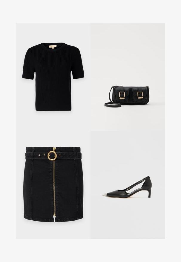 Melnas adītas īsām piedurknēm džemperis ar apaļu kakla izgriezumu. Iekšpusē ir ribota struktūra un taisna apakšmalu. Etiķete iekšējā apkaklē.; Melna denima svārku ar zelta apaļu jostas sprādzi, priekšējo rāvējslēdzēju un jostas cilpiņām. Tam ir pieguļošs dizains un taisna apmale.; Melns ādas kurpju pāris ar zemu papēdi, smailu sudraba purngali un diviem sprādzēm uz balta fona.; Melnas ādas crossbody soma ar divām priekšējām kabatām, zelta sprādzēm, ar rāvējslēdzēju aizdari un šauru siksnu. Strukturēta virsma un kompakta taisnstūra forma.