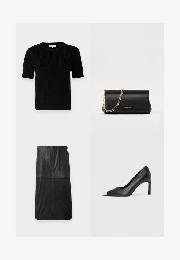 Black knitted short-sleeve sweater with a round neckline. Features a ribbed texture and a straight-cut hemline. Label on the inside collar.; Black leather pencil skirt, mid-length, features a smooth texture, vertical stitching details, and a discreet side zipper.; Black leather high heel shoe with a pointed toe and a metallic silver cap. Features a smooth finish and a slender 10 cm heel.; Black leather clutch bag with a gold chain strap, featuring a smooth texture, rectangular shape, and embossed branding on the front.