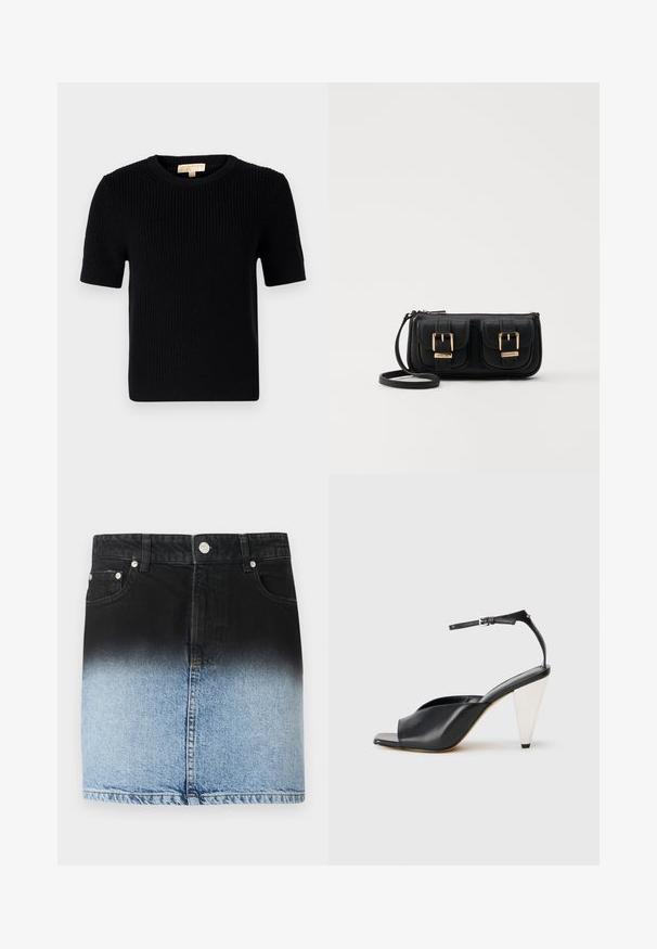 Suéter negro de punto de manga corta con escote redondo. Presenta una textura acanalada y un dobladillo recto. Etiqueta en el interior del cuello.; Falda de denim con un diseño ombré, que va del negro en la parte superior al azul claro en la parte inferior. Cinco bolsillos y detalles en metal plateado.; Sandalia de tacón alto de cuero negro con punta abierta, diseño asimétrico, tirante en el tobillo y tacón en forma de cono metálico. Textura suave en toda la superficie.; Bolso cruzado de cuero negro con dos bolsillos frontales, hebillas doradas, cierre de cremallera y una correa delgada. Superficie texturizada y forma rectangular compacta.