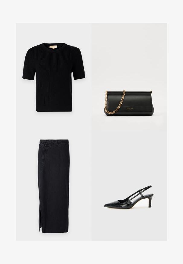 Pull noir en tricot à manches courtes avec un col rond. Présente une texture côtelée et un ourlet droit. Étiquette à l'intérieur du col.; Jupe en denim noir à taille haute, avec une fente sur le côté et un design classique à cinq poches. Texture lisse et silhouette droite.; Escarpin slingback en vernis noir avec un bout pointu, présentant un imprimé serpent texturé, une sangle réglable et un petit talon bloc texturé.; Sac à main en cuir noir avec une bandoulière en chaîne dorée, présentant une texture lisse, une forme rectangulaire et une marque embossée à l'avant.