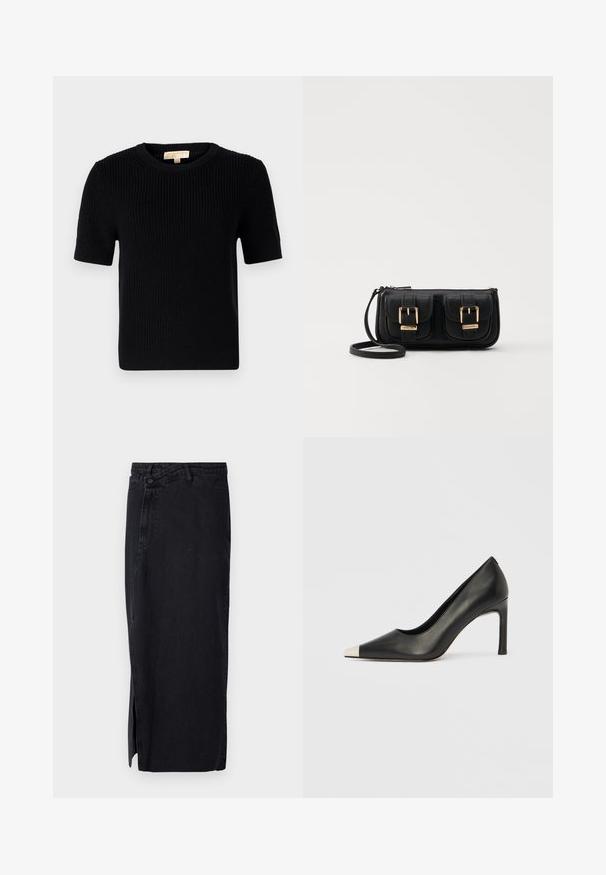Suéter negro de punto de manga corta con escote redondo. Presenta una textura acanalada y un dobladillo recto. Etiqueta en el interior del cuello.; Falda de mezclilla negra con cintura alta, que presenta una abertura lateral y un diseño clásico de cinco bolsillos. Textura suave y silueta recta.; Zapato de tacón alto de cuero negro con punta en forma de pico y una tapa metálica plateada. Presenta un acabado suave y un tacón delgado de 10 cm.; Bolso cruzado de cuero negro con dos bolsillos frontales, hebillas doradas, cierre de cremallera y una correa delgada. Superficie texturizada y forma rectangular compacta.