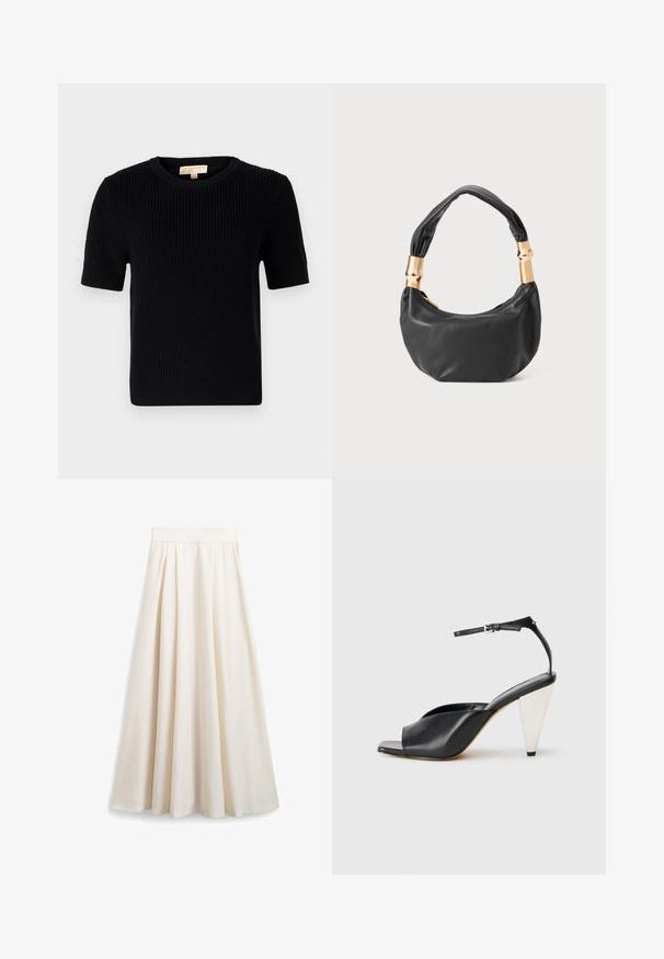 Suéter negro de punto de manga corta con escote redondo. Presenta una textura acanalada y un dobladillo recto. Etiqueta en el interior del cuello.; Falda de línea A color crema, confeccionada con una tela suave, que presenta plisados y una cinturilla ancha para una silueta fluida.; Sandalia de tacón alto de cuero negro con punta abierta, diseño asimétrico, tirante en el tobillo y tacón en forma de cono metálico. Textura suave en toda la superficie.; Bolso de mano de cuero negro con forma redonda, textura suave y un asa anudada que cuenta con acentos de hardware en tono dorado. Cierre con cremallera.