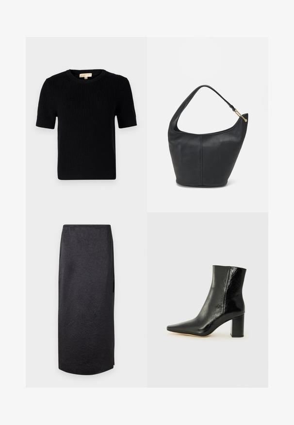 Svart strikket kortermet genser med rund halsutskjæring. Har ribbestruktur og rett avslutning. Etikett på innsiden av kragen.; Svart midi-skjørt med en krøllete tekstur, rett snitt og sideslitt. Materialet virker lettvektig. Bunnlinjen er svakt avrundet.; Svart ankelstøvel laget av blankt lær med spiss tå og en robust, firkantet hæl. Har en glatt tekstur og en minimalistisk design.; Svart lærveske med en rund form, bred stropp og strukturert overflate. Har en subtil sømdetalj og gullfarget beslag.
