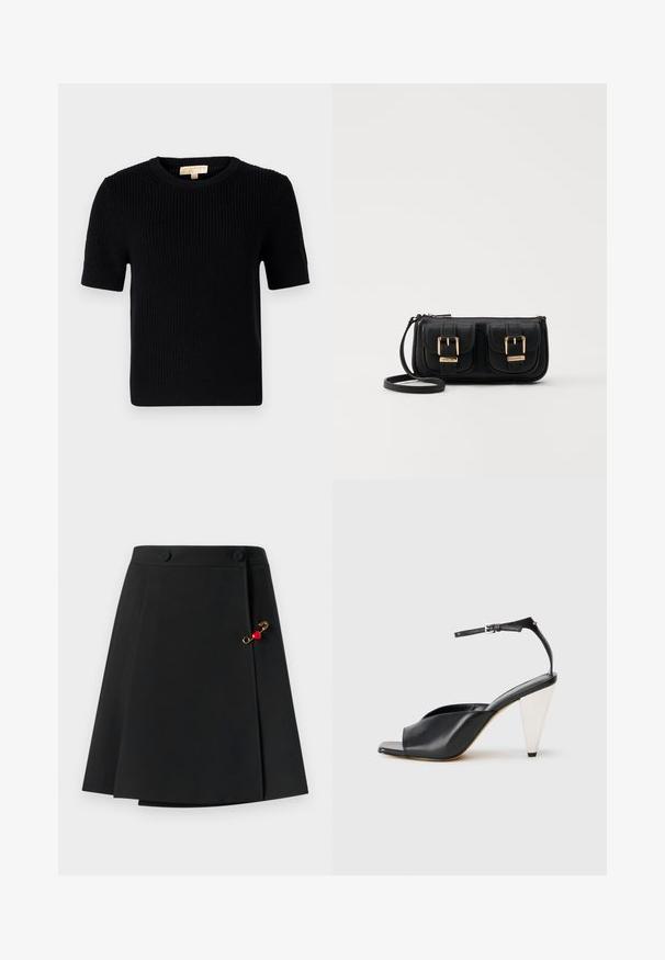 Pulover scurt, din tricot negru, cu mânecă scurtă și guler rotund. Dispune de o textură dantelată și un tiv tăiat drept. Etichetă pe gulerul interior.; Fustă neagră cu un design evazat, având două nasturi în față și un accent auriu cu un detaliu în formă de inimă roșie pe lateral. Textură de material neted.; Sandal cu toc înalt din piele neagră, cu vârf deschis, design asimetric, curea pentru gleznă și toc metalic în formă de con. Textură netedă pe toată suprafața.; Geantă neagră din piele, tip crossbody, cu două buzunare frontale, catarame aurii, închidere cu fermoar și o curea subțire. Suprafață texturată și formă rectangulară compactă.