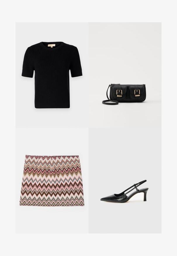 Juodas megztinis trumpomis rankovėmis su apvaliomis iškirptėmis. Siūlo gumbuotą tekstūrą ir tiesų apatinį kraštą. Etiketė vidinėje apykaklėje.; Daugiaspalvė chevron raštuota sijonas, su zigzaginiu dizainu rožinės, rudos ir grietinėlės atspalviuose, tiesiu apvadu ir lygiu tekstūru.; Juodai lakuoti slingback aukštakulniai su smailiu nosiu, su tekstūruotu gyvatės raštu, reguliuojama juosta ir trumpu, tekstūruotu blokiniu kulnu.; Juodas odinis per petį nešiojamas krepšys su dviem priekiniais kišenėmis, auksiniais sagtimis, užtrauktuko uždarymu ir siauromis petnešomis. Textūruota paviršius ir kompaktiškas stačiakampis formatas.