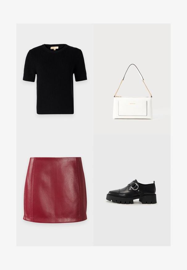 Svart strikket kortermet genser med rund halsutskjæring. Har ribbestruktur og rett avslutning. Etikett på innsiden av kragen.; Rød faux skinn mini-skjørt med en glatt tekstur, tettsittende design og rett kant med subtil glans og diagonale mønsterdetaljer.; Sorte læringssko med en kraftig ribbet såle, som har en sirkulær sølvfarget detalj og minimal sømdekorasjon.; Hvit lærveske med teksturert overflate, utstyrt med gullkjede for å bære over skulderen og svarte detaljer. Inkluderer en frontlomme og glidelås.