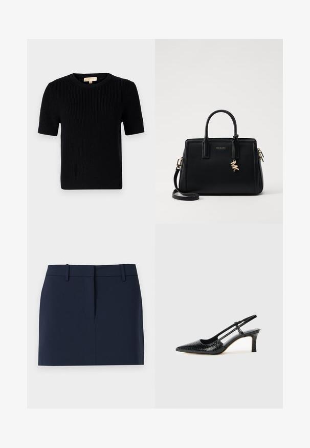 Schwarzer, gestrickter Pullover mit kurzen Ärmeln und rundem Halsausschnitt. Verfügt über eine gerippte Textur und einen gerade geschnittenen Saum. Etikett im inneren Kragen.; Hochschwarzer Rock aus glattem Stoff, mit einem Bund, einer vorderen Öffnung und klaren Linien ohne Taschen oder Verzierungen.; Schwarze Lack-Slingback-Pumps mit spitzem Zehenbereich, versehen mit strukturiertem Schlangenprint, verstellbarem Riemen und einem kurzen, strukturierten Blockabsatz.; Schwarze Ledertasche mit strukturiertem Design, doppelten oberen Griffen, abnehmbarem Schulterriemen, goldfarbenen Beschlägen und einem Logo-Anhänger.