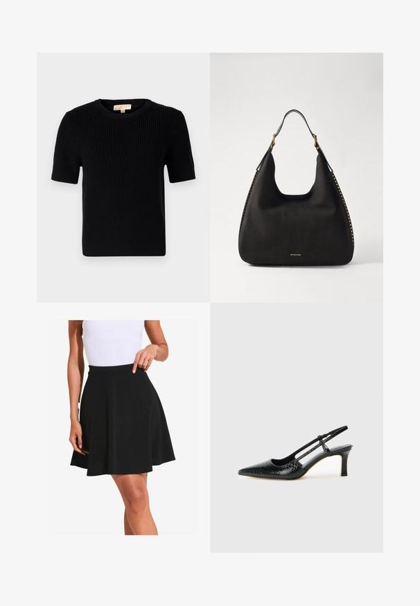 Suéter negro de punto de manga corta con escote redondo. Presenta una textura acanalada y un dobladillo recto. Etiqueta en el interior del cuello.; Falda negra acampanada hecha de tela suave con una textura lisa y una cinturilla ancha, que muestra suaves plisados y un corte a la altura de la rodilla.; Tacón slingback negro de charol con punta afilada, que presenta un estampado de serpiente texturizado, correa ajustable y un tacón bloque corto y texturizado.; MICHAEL Michael Kors NOLITA HOBO  - Bolso de mano - black
