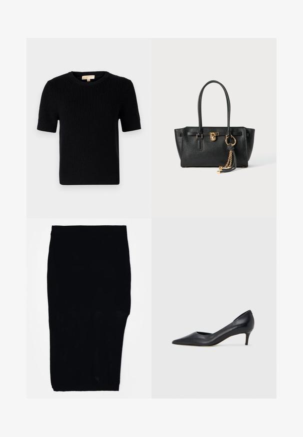 Fekete kötött rövid ujjú pulóver kerek nyakkivágással. Bordás textúrával és egyenes szabású aljjával rendelkezik. Címke a belső galléron.; Fekete, térd feletti szoknya hálós anyagból, testhez simuló szabással és elasztikus derékkal, texturált felszínnel.; Fekete bőr magassarkú cipő hegyes orral és alacsony sarokkal. Sima felülettel és enyhe fényű kialakítással rendelkezik. Az elején nyitott részlet a fokozott díszítésért.; Fekete bőr kézitáska dupla fogantyúkkal, aranyzárral és lánc részletekkel, fekete-fehér bojt kiegészítővel, fehér háttéren.
