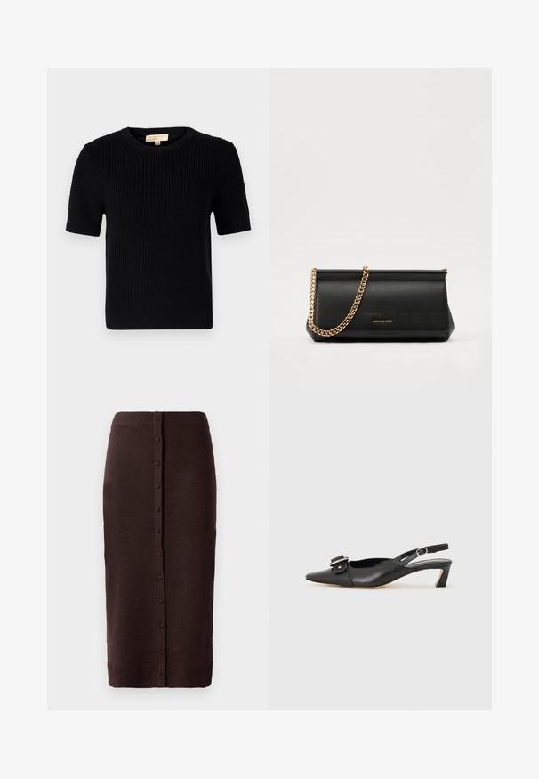 Čierny pletený sveter s krátkym rukávom a okrúhlym výstrihom. Má rebrovanú textúru a rovný strih spodného okraja. Nálepka na vnútornej strane goliera.; Hnedá pletená sukňa s rebrovaným pásom a rovný strih. Obsahuje stredový knoflíkový rázporok, ktorý prebieha pozdĺž celej dĺžky zadnej strany.; Čierne kožené sandále s úzkym prstom, malým opätkom a dekoratívnou sponou na vrchnej časti. Hladká textúra, minimalistický dizajn.; Čierna kožená kabelka s retiazkou zo zlata, so hladkou textúrou, obdĺžnikovým tvarom a embosovaným logom na prednej strane.