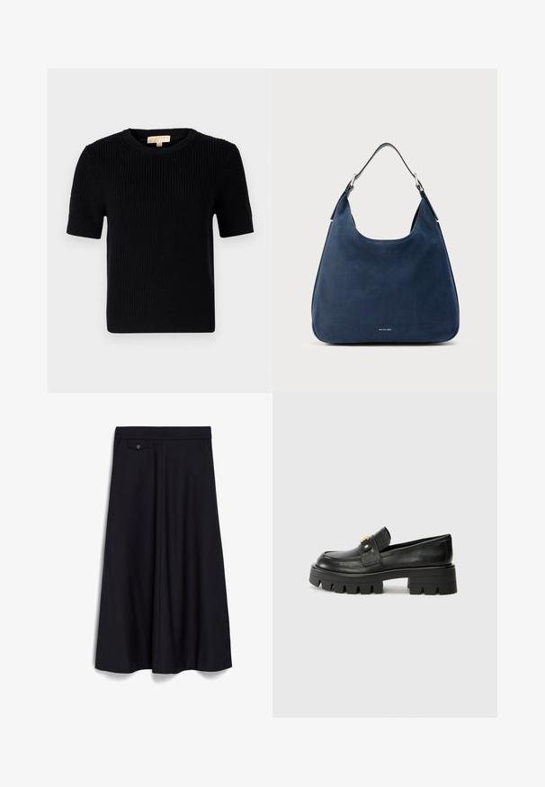 Melnas adītas īsām piedurknēm džemperis ar apaļu kakla izgriezumu. Iekšpusē ir ribota struktūra un taisna apakšmalu. Etiķete iekšējā apkaklē.; Melnā, ceļgala garuma svārki ar plašu, plūstošu dizainu. Iespējama plakana jostasvieta priekšā un viens pogas akcents priekšējā kabatā.; Melni ādas mokasīni ar masīvu zoli, ar zeltaini akcentu priekšā un gludu apdari. Masīva protektora dizains uz zoles.; Nobraukta melnādaina plecu soma ar gludu virsmu, izliekta forma un viena regulējama siksna. Apakšējā daļā ir neliels logotips.