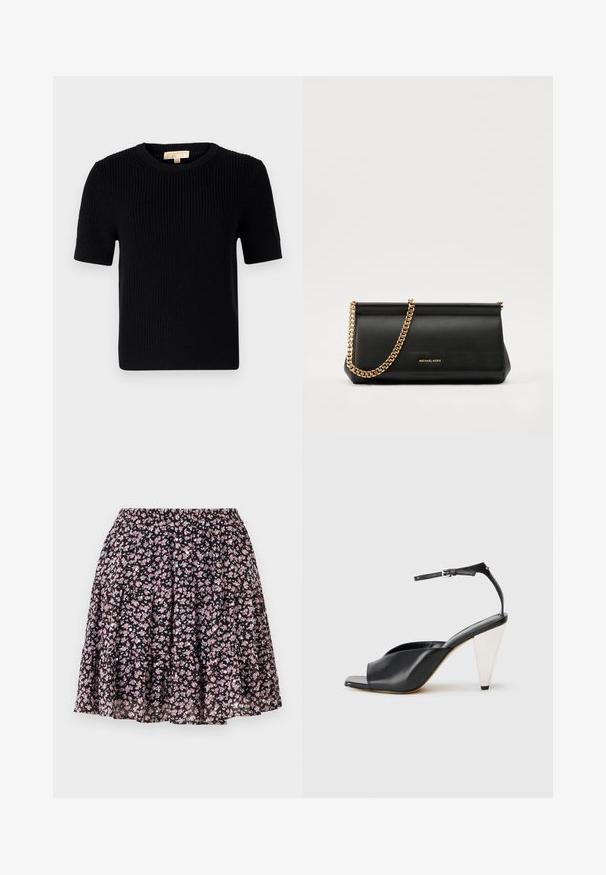 Maglione lavorato a maglia nero a maniche corte con scollo rotondo. Presenta una trama a coste e un orlo dritto. Etichetta sul colletto interno.; Gonna floreale con sfondo nero che presenta piccoli fiori rosa. Vita elastica, design a strati e tessuto leggero.; Sandal con tacco alto in pelle nera, con punta aperta, design asimmetrico, cinturino alla caviglia e tacco metallico a forma di cono. Texture liscia.; Clutch bag in pelle nera con tracolla in catena dorata, caratterizzato da una superficie liscia, forma rettangolare e branding in rilievo sul davanti.