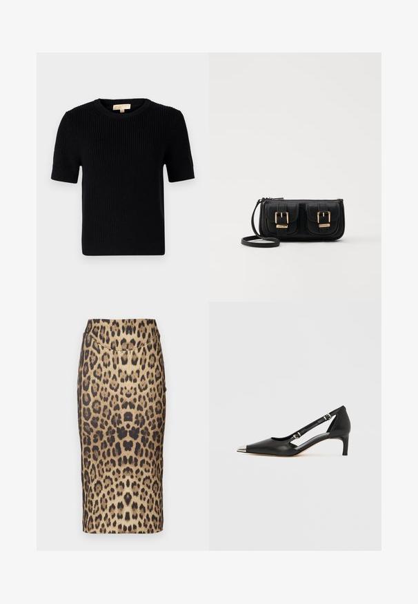 Pulover scurt, din tricot negru, cu mânecă scurtă și guler rotund. Dispune de o textură dantelată și un tiv tăiat drept. Etichetă pe gulerul interior.; Fustă tip creion cu print leopard, cu un design ajustat, talie medie și textură netedă. Modelul constă în pete variate de nuanțe de brun și negru.; Pantof de damă din piele neagră cu toc kitten, vârf ascuțit argintiu și două curele cu cataramă, pe fundal alb.; Geantă neagră din piele, tip crossbody, cu două buzunare frontale, catarame aurii, închidere cu fermoar și o curea subțire. Suprafață texturată și formă rectangulară compactă.