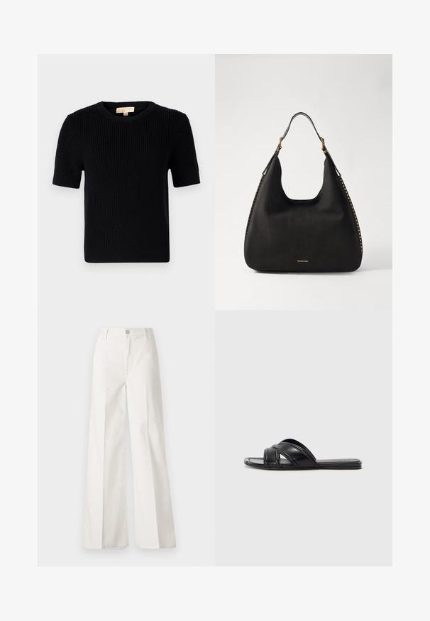 Pull noir en tricot à manches courtes avec un col rond. Présente une texture côtelée et un ourlet droit. Étiquette à l'intérieur du col.; Pantalons blancs à jambes larges en coton avec une texture douce. Comprend un bouton à l'avant, une fermeture éclair et un design à quatre poches.; Sandales noires à glissière avec une finition en cuir lisse, présentant des lanières croisées et des découpes, ainsi qu'une semelle plate et flexible.; MICHAEL Michael Kors NOLITA HOBO  - Sac à main - black