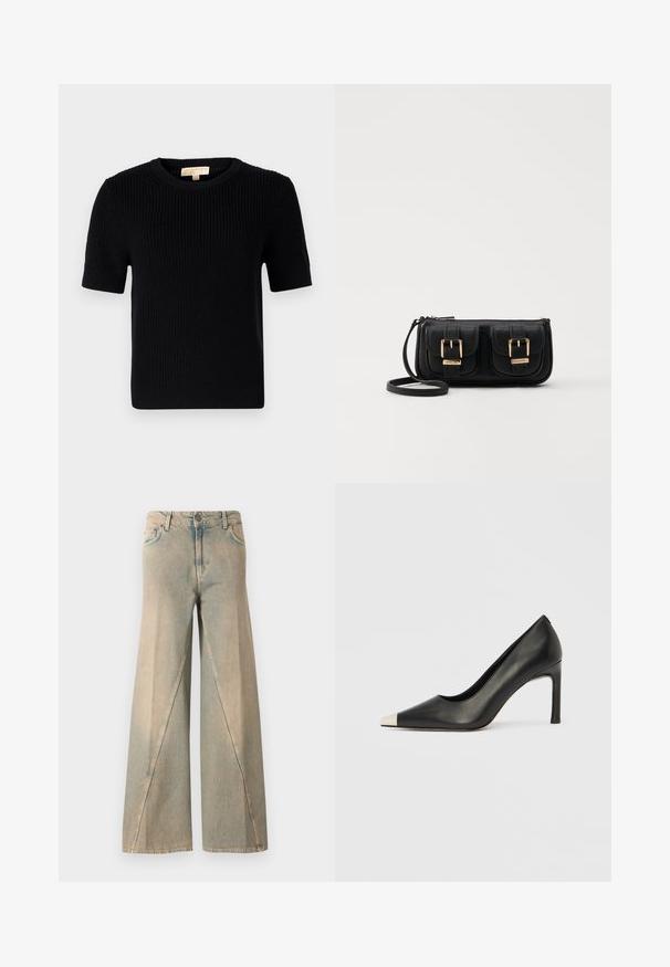 Fekete kötött rövid ujjú pulóver kerek nyakkivágással. Bordás textúrával és egyenes szabású aljjával rendelkezik. Címke a belső galléron.; Világoskék, bő szárú farmernadrág. Magas derék, elülső zsebek és jellegzetes varrásmintázat jellemzi a szárakon.; Fekete bőr magas sarkú cipő hegyes orral és fém ezüst orrtippel. Simább kivitelű, karcsú, 10 cm-es sarokkal.; Fekete bőr keresztbody táska két elülső zsebbel, arany csattokkal, cipzáras záródással és vékony pánttal. Textúrált felület és kompakt téglalap alak.