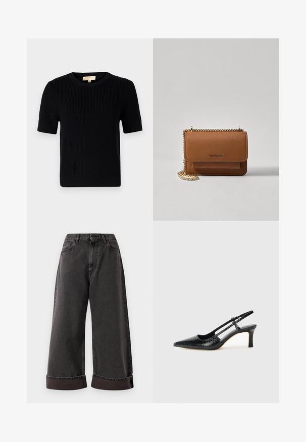 Svart strikket kortermet genser med rund halsutskjæring. Har ribbestruktur og rett avslutning. Etikett på innsiden av kragen.; Svarte bukser med bred benvidde og oppbrettede kanter, frontknapp og glidelås, samt sidelommer og frontlommer.; Sorte patent slingback hæl med spids tå, featuring tekstureret slangeskind, justerbar rem og en kort, tekstureret blokhæl.; Brun teksturert lær crossover-veske med gullkjede-stropp og klaffelukking. Fronten har logo-detalj og en lomme under klaffen.