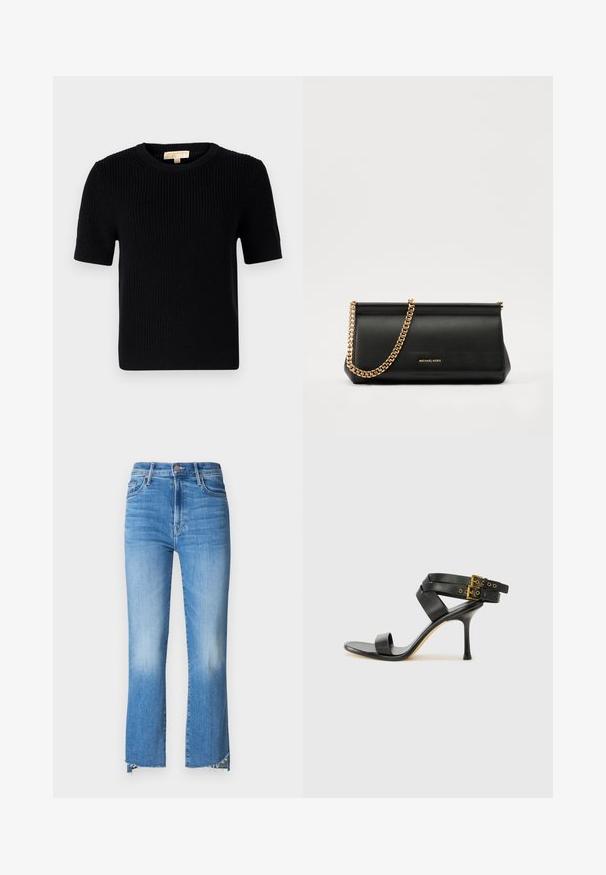 Svart strikket kortermet genser med rund halsutskjæring. Har ribbestruktur og rett avslutning. Etikett på innsiden av kragen.; Mother THE INSIDER CROP STEP FRAY - Jeans bootcut - out of the blue; Svarte hælsandaler med kryssende stropper og justerbar spenne. Har en jevn tekstur og avsmalnende stilettoklakk.; Svart skinnkuvertveske med en gullkjede-rem, med en glatt tekstur, rektangulær form og preget merkevare på forsiden.