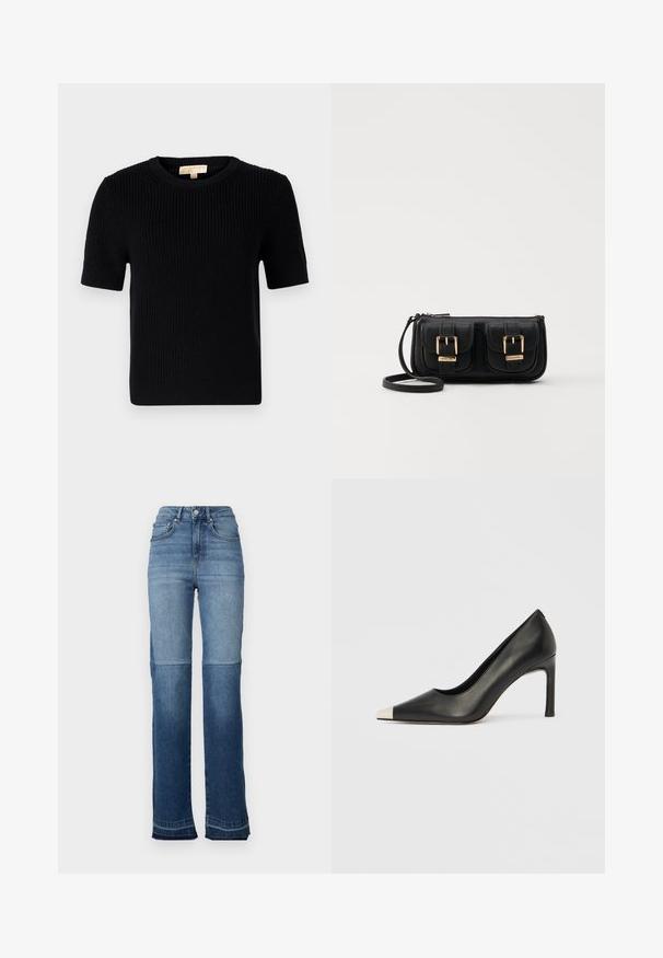 Black knitted short-sleeve sweater with a round neckline. Features a ribbed texture and a straight-cut hemline. Label on the inside collar.; High-rise denim jeans featuring a gradient of light to dark blue, a straight leg design, and frayed hems at the cuffs.; Black leather high heel shoe with a pointed toe and a metallic silver cap. Features a smooth finish and a slender 10 cm heel.; Black leather crossbody bag with two front pockets, gold buckles, zipper closure, and a slim strap. Textured surface and compact rectangular shape.