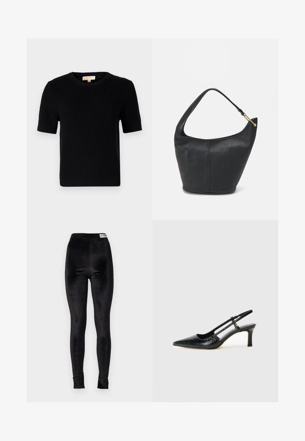Svart strikket kortermet genser med rund halsutskjæring. Har ribbestruktur og rett avslutning. Etikett på innsiden av kragen.; Sorte fløyels leggings med høy midje, glatt tekstur og tettsittende design; inkluderer et merke tag på midjebandet.; Sorte patent slingback hæl med spids tå, featuring tekstureret slangeskind, justerbar rem og en kort, tekstureret blokhæl.; Svart lærveske med en rund form, bred stropp og strukturert overflate. Har en subtil sømdetalj og gullfarget beslag.