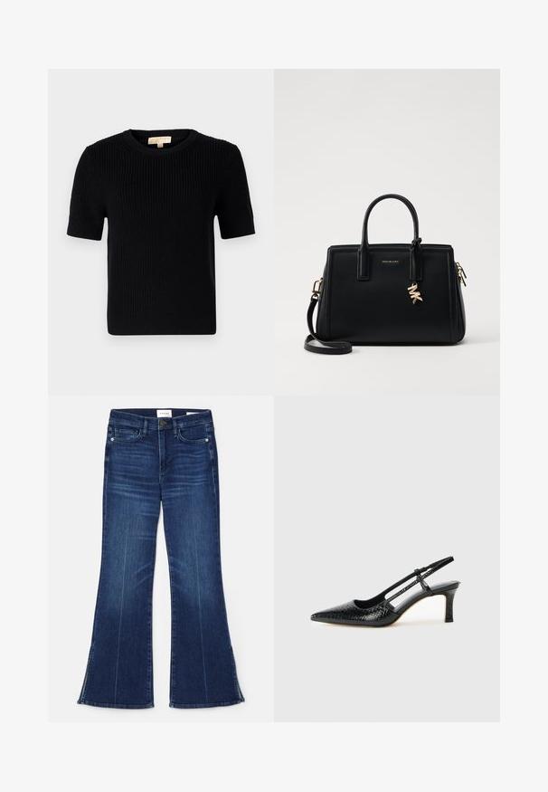 Black knitted short-sleeve sweater with a round neckline. Features a ribbed texture and a straight-cut hemline. Label on the inside collar.; Dark blue flared jeans made from denim. Features a high waist, front pockets, and slit details at the hem. Classic five-pocket design.; Black patent slingback heel with a pointed toe, featuring textured snake print, adjustable strap, and a short, textured block heel.; Black leather handbag with structured design, dual top handles, detachable shoulder strap, gold hardware, and a logo charm accent.