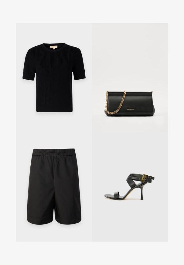 Black knitted short-sleeve sweater with a round neckline. Features a ribbed texture and a straight-cut hemline. Label on the inside collar.; Black shorts made of lightweight fabric, featuring an elastic waistband and a simple, straight cut. No visible pockets or patterns.; Black heeled sandal with crossed straps and adjustable buckle. Features a smooth texture and tapered stiletto heel.; Black leather clutch bag with a gold chain strap, featuring a smooth texture, rectangular shape, and embossed branding on the front.