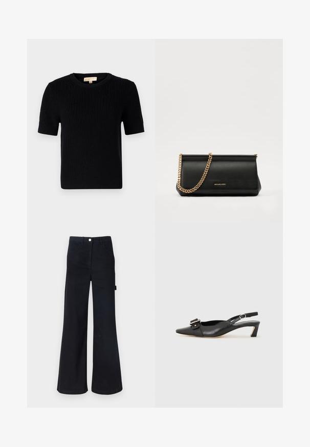 Schwarzer, gestrickter Pullover mit kurzen Ärmeln und rundem Halsausschnitt. Verfügt über eine gerippte Textur und einen gerade geschnittenen Saum. Etikett im inneren Kragen.; Schwarze, hoch taillierte, ausgestellt geschnittene Hose aus robustem Material. Zu den Merkmalen gehören fünf Taschen und ein Metallknopfverschluss an der Taille.; Schwarzer Leder Slingback-Schuh mit spitzer Zehenform, kleinem Absatz und dekorativem Schnallen-Detail auf dem Obermaterial. Glatte Textur, minimalistisches Design.; Schwarze Leder-Clutch mit einer goldenen Ketten-Trage, die eine glatte Oberfläche, rechteckige Form und geprägtes Branding auf der Vorderseite aufweist.