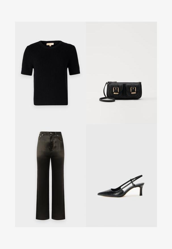 Zwarte gebreide korte mouwen trui met een ronde halslijn. Beschikt over een geribbelde textuur en een rechte zoom. Etiket op de binnenkant van de kraag.; Zwarte satijnen gebieden met wijde pijpen en een hoge taille, voorzien van voorzakken en metalen knoopaccenten. Glad oppervlak en slank ontwerp.; Zwart patent slingback hak met een spitse neus, voorzien van een gestructureerde slangenprint, verstelbare band en een korte, gestructureerde blokhak.; Zwarte leren schoudertas met twee vo pockets, gouden gespen, ritsluiting en een smalle band. Tekstuur oppervlak en compacte rechthoekige vorm.