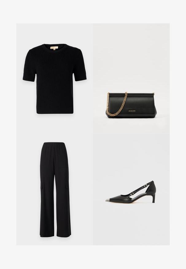 Schwarzer, gestrickter Pullover mit kurzen Ärmeln und rundem Halsausschnitt. Verfügt über eine gerippte Textur und einen gerade geschnittenen Saum. Etikett im inneren Kragen.; Schwarze, weit geschnittene Hosen aus leichtem Material, mit elastischem Bund, zwei Vordertaschen und zwei seitlichen Cargo-Taschen.; Schwarzer Lederschuh mit Katzenabsatz, spitzer silberner Zehenkappe und doppelten Schnallenriemen vor weißem Hintergrund.; Schwarze Leder-Clutch mit einer goldenen Ketten-Trage, die eine glatte Oberfläche, rechteckige Form und geprägtes Branding auf der Vorderseite aufweist.