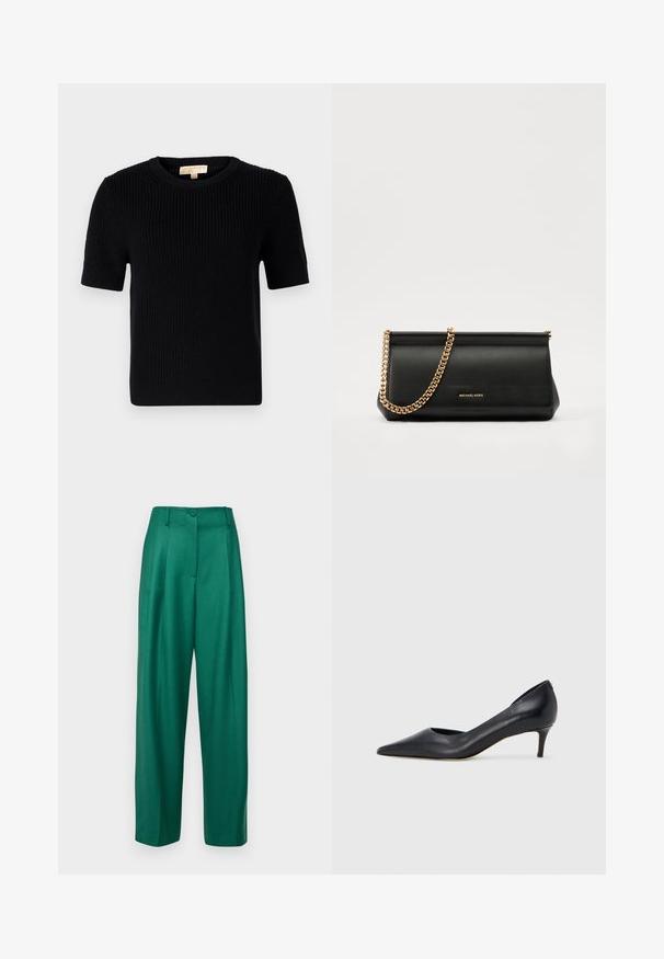 Black knitted short-sleeve sweater with a round neckline. Features a ribbed texture and a straight-cut hemline. Label on the inside collar.; Green tailored trousers with a high waist, wide legs, single button closure, and smooth texture, featuring front pleats and no pockets.; Black leather pump with a pointed toe and low heel. Features a smooth texture and subtle sheen. Open cut at the front for added detail.; Black leather clutch bag with a gold chain strap, featuring a smooth texture, rectangular shape, and embossed branding on the front.