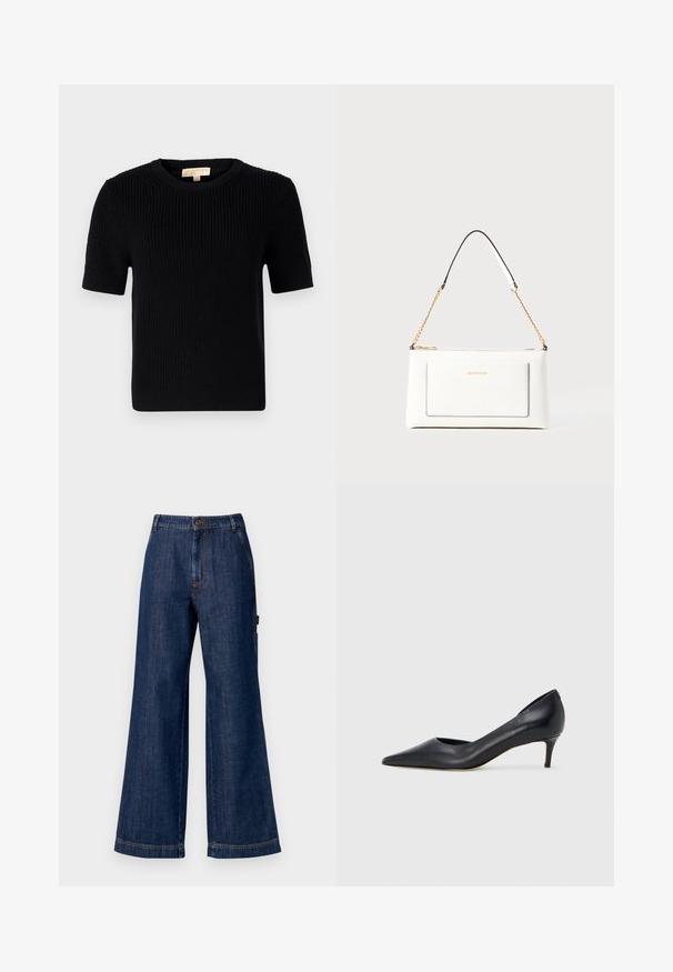 Must värvitud lühikeste varrukatega sviiter ümmarguse kaelusega. Omab ribatekstiili ja sirget lõiget. Sildiga sise-kaeluses.; Tumedate kinnased tumedas indigos. Omab standardset vöökohta nupu ja küljetaskutega ning sirgeid ääri. Klassikaline viie-tasku disain.; Mustast nahast kontsakinga terava ninaga ja madala kontsaga. Omadused on sile pind ja peen läige. Esiosal on avatud lõige, mis lisab detaili.; Valge nahast kott tekstureeritud viimistlusega, millel on kuldne kettling ja mustad aktsendid. Include eesmine tasku ja tõmblukk.