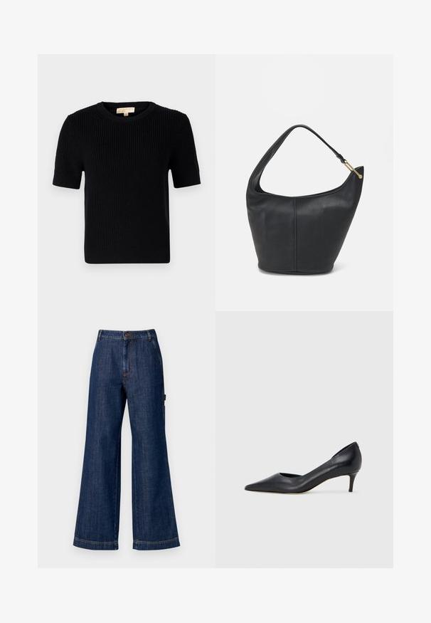 Black knitted short-sleeve sweater with a round neckline. Features a ribbed texture and a straight-cut hemline. Label on the inside collar.; Wide-leg denim trousers in dark indigo. Features standard waistband with button, side pockets, and straight hems. Classic five-pocket design.; Black leather pump with a pointed toe and low heel. Features a smooth texture and subtle sheen. Open cut at the front for added detail.; Black leather handbag with a rounded shape, a wide strap, and a textured finish. Features a subtle seam detail and a gold-tone hardware accent.
