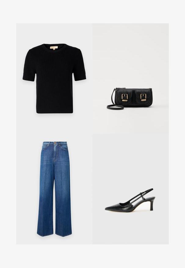 Black knitted short-sleeve sweater with a round neckline. Features a ribbed texture and a straight-cut hemline. Label on the inside collar.; Wide-leg denim jeans in dark blue, featuring a high waist, button closure, and classic stitching. Smooth texture with a slight fade.; Black patent slingback heel with a pointed toe, featuring textured snake print, adjustable strap, and a short, textured block heel.; Black leather crossbody bag with two front pockets, gold buckles, zipper closure, and a slim strap. Textured surface and compact rectangular shape.