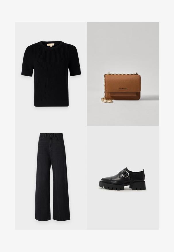 Mustapuhainen lyhythihainen neulepaita, jossa on pyöreä pääntie. Ominaisuuksina ribbikuviointi ja suorana leikattu helma. Tunnistesignaali sisäkauluksessa.; Mustat leveälahkeiset farkut, jotka on valmistettu denimestä. Korkea vyötärö, jossa on napitus ja viisi taskua. Sujuva rakenne, jossa on hienovaraisia haalistumia jalan varrella.; Musta nahkakengät, joissa on paksu, uurrettu pohja, ja pyöreä hopeanvärinen koriste sekä minimaalinen ompelu.; Ruskean teksturoidun nahkasta valmistettu crossbody-laukku, jossa on kultaketjuhihna ja läppäkiinnitys. Edessä on logodetail ja tasku läppäisen alla.