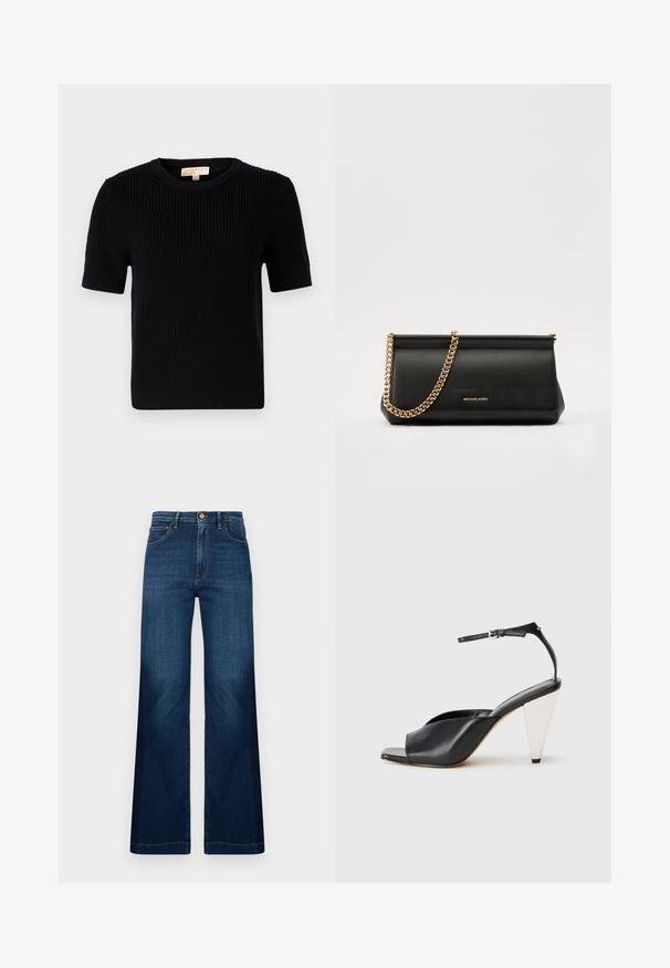 Black knitted short-sleeve sweater with a round neckline. Features a ribbed texture and a straight-cut hemline. Label on the inside collar.; Wide-leg dark blue jeans made of denim, featuring a high waist, front pockets, and contrasting orange stitching details.; Black leather high heel sandal with open toe, asymmetrical design, ankle strap, and a metallic cone-shaped heel. Smooth texture throughout.; Black leather clutch bag with a gold chain strap, featuring a smooth texture, rectangular shape, and embossed branding on the front.