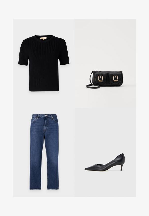 Mustapuhainen lyhythihainen neulepaita, jossa on pyöreä pääntie. Ominaisuuksina ribbikuviointi ja suorana leikattu helma. Tunnistesignaali sisäkauluksessa.; Farkut tummansinisessä pesussa. Suora lahkeinen malli, jossa on viisi taskua, etupuolella nappikiinnitys ja erottuva tikkauskoristelu.; Musta nahkainen avokärkinen korkokenkä, jossa on matala korko. Kenkä on sileäpintainen ja siinä on himmeä kiilto. Edessä on avoin leikkaus, joka lisää yksityiskohtaisuutta.; Musta nahkainen olkalaukku, jossa on kaksi etutaskua, kultaiset soljet, vetoketjukiinnitys ja kapea hihna. Teksturoidun pinnan ja kompaktin suorakaiteen muoto.