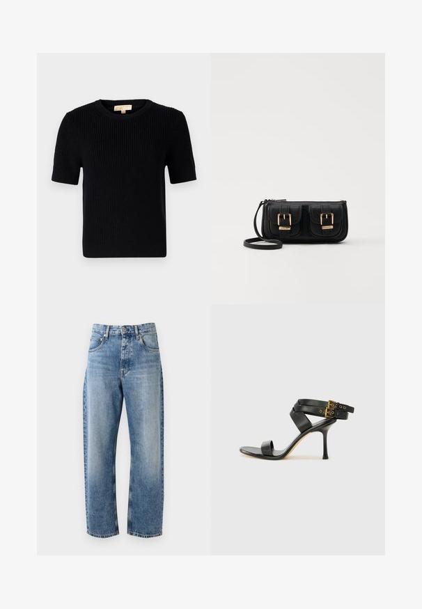 Pulover scurt, din tricot negru, cu mânecă scurtă și guler rotund. Dispune de o textură dantelată și un tiv tăiat drept. Etichetă pe gulerul interior.; Blugi din denim de culoare albastră deschisă, cu un croi lejer, picioare drepte, design cu cinci buzunare, accesorii cu ton cupru și un finisaj decolorat.; Sandalie negre cu toc, cu curele încrucișate și cataramă ajustabilă. Prezintă o textură netedă și un toc stiletto conic.; Geantă neagră din piele, tip crossbody, cu două buzunare frontale, catarame aurii, închidere cu fermoar și o curea subțire. Suprafață texturată și formă rectangulară compactă.