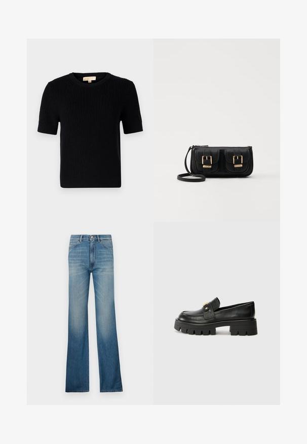 Suéter negro de punto de manga corta con escote redondo. Presenta una textura acanalada y un dobladillo recto. Etiqueta en el interior del cuello.; Jeans de mezclilla azul de corte acampanado con un lavado claro, que presentan un estilo clásico de cinco bolsillos y un cierre de botón. Silueta de pierna recta.; Mocasines de cuero negro con una suela gruesa, que presentan un acento en tono dorado en la parte delantera y un acabado suave. Diseño de suela con dibujo grueso.; Bolso cruzado de cuero negro con dos bolsillos frontales, hebillas doradas, cierre de cremallera y una correa delgada. Superficie texturizada y forma rectangular compacta.