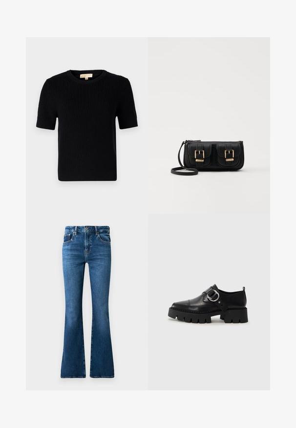 Must värvitud lühikeste varrukatega sviiter ümmarguse kaelusega. Omab ribatekstiili ja sirget lõiget. Sildiga sise-kaeluses.; Sinine teksariidest laiemate sääridega püksid, keskmise kõrguse puusavöö, viis taskut, kerged kulumisjäljed ja õmblusdetailid õmbluste ääres.; Mustad musta naha jalanõud, millel on jäme ribaga tallad, ringikujuline hõbedane detail ja minimaalne õmblusdetail.; Must küllastamata nahast õlakott, millel on kaks esist nähtavat taskut, kuldsed pandlad, tõmblukuga sulgemine ja peen rihm. Tekstuuriga pind ja kompaktne ristkülikukujuline kuju.