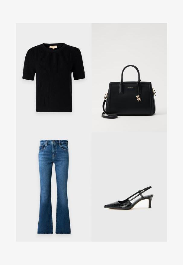 Melnas adītas īsām piedurknēm džemperis ar apaļu kakla izgriezumu. Iekšpusē ir ribota struktūra un taisna apakšmalu. Etiķete iekšējā apkaklē.; Zila denima zvīļotas džinses ar vidēju jostu, piecām kabatām, maigu izbalēšanu un šuvju akcentiem gar šuvēm.; Melna patent āda ar slīdošo papēdi un smailo purngalu, ar teksturētu čūsku drukājumu, regulējamu siksniņu un īsu teksturētu blokpapēdi.; Melnas ādas rokas soma ar strukturētu dizainu, dubultiem augšējiem rokturiem, noņemamu plecu siksnu, zelta aparatūru un logo piekariņu akcentu.