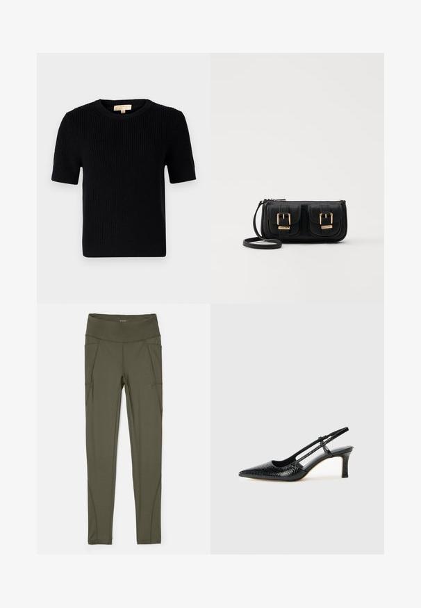 Svart strikket kortermet genser med rund halsutskjæring. Har ribbestruktur og rett avslutning. Etikett på innsiden av kragen.; Olivenfargede leggings laget av elastisk stoff, med høy livlinje, sidelommer og sømløs søm for et glatt utseende.; Sorte patent slingback hæl med spids tå, featuring tekstureret slangeskind, justerbar rem og en kort, tekstureret blokhæl.; Svart skinn crossbody veske med to frontlommer, gyldne spenner, glidelåslukking og en slank stropp. Teksturert overflate og kompakt rektangulær form.; Gullfargede metalløredobber med en buet, forlenget form. Har en jevn, blank overflate og en avrundet tupp for ekstra detaljer.