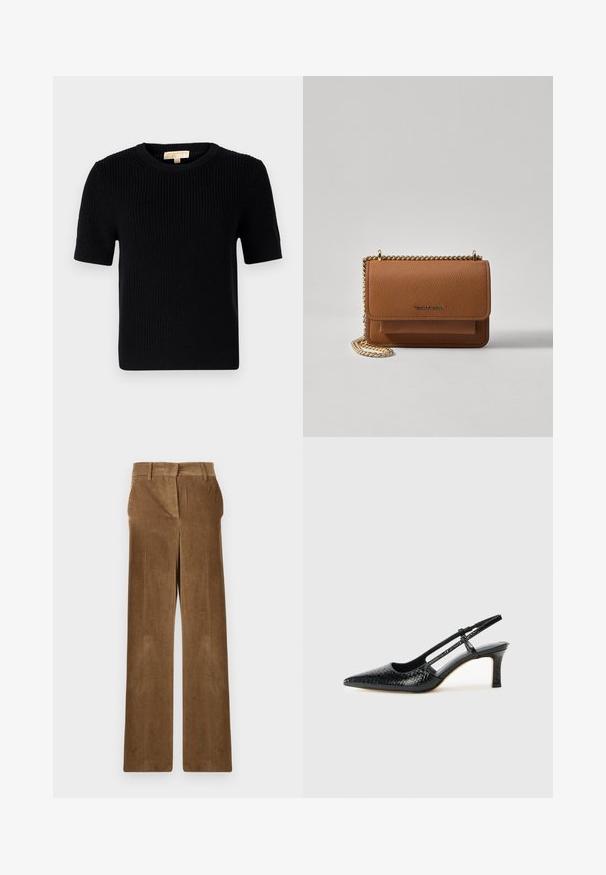 Melnas adītas īsām piedurknēm džemperis ar apaļu kakla izgriezumu. Iekšpusē ir ribota struktūra un taisna apakšmalu. Etiķete iekšējā apkaklē.; Brūnas korduroja plaša kāju bikses ar jostu cilpiņām un priekšējiem kabatām, izvietotas plakani uz baltas fona.; Melna patent āda ar slīdošo papēdi un smailo purngalu, ar teksturētu čūsku drukājumu, regulējamu siksniņu un īsu teksturētu blokpapēdi.; Brūna teksturēta ādas plecu soma ar zelta ķēdes siksnu un atloka aizdari. Priekšpusē ir logotipa detaļa un kabata zem atloka.