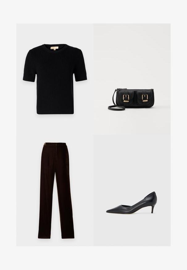 Black knitted short-sleeve sweater with a round neckline. Features a ribbed texture and a straight-cut hemline. Label on the inside collar.; Brown velvet trousers with a straight fit, featuring a smooth texture and subtle sheen, designed with a standard waistband and side seams.; Black leather pump with a pointed toe and low heel. Features a smooth texture and subtle sheen. Open cut at the front for added detail.; Black leather crossbody bag with two front pockets, gold buckles, zipper closure, and a slim strap. Textured surface and compact rectangular shape.