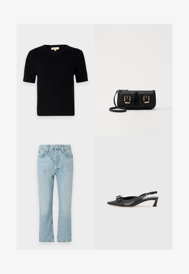 Pulover scurt, din tricot negru, cu mânecă scurtă și guler rotund. Dispune de o textură dantelată și un tiv tăiat drept. Etichetă pe gulerul interior.; Blugi de denim de culoare albastru deschis, cu un design drept, având cinci buzunare, închidere cu buton și o textură decolorată. Marginile sunt curate și terminate.; Pantofii negri din piele cu toc mic, vârf ascuțit și detaliu decorativ cu cataramă pe partea superioară. Textură netedă, design minimal.; Geantă neagră din piele, tip crossbody, cu două buzunare frontale, catarame aurii, închidere cu fermoar și o curea subțire. Suprafață texturată și formă rectangulară compactă.