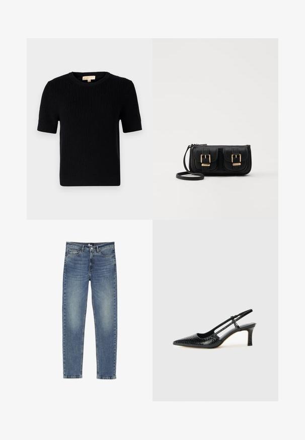 Czarny, dziany sweter z krótkim rękawem o okrągłym dekolcie. Posiada ribbowaną strukturę i prostą linię dołu. Metka na wewnętrznym kołnierzyku.; Niebieskie dżinsy o prostym kroju nogawki, z lekkim wyblaknięciem, pięcioma kieszeniami oraz zapięciem na guziki i zamek błyskawiczny.; Czarne lakierowane czółenka na obcasie typu slingback z wąskim noskiem, z teksturowanym wzorem wężowym, regulowanym paskiem oraz krótkim, teksturowanym obcasem w kształcie słupka.; Czarna skórzana torba na ramię z dwoma przednimi kieszeniami, złotymi klamrami, zamkiem błyskawicznym i cienkim paskiem. Teksturowana powierzchnia i kompaktowy prostokątny kształt.