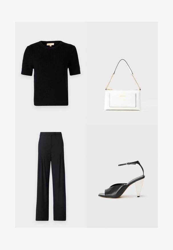 Svart strikket kortermet genser med rund halsutskjæring. Har ribbestruktur og rett avslutning. Etikett på innsiden av kragen.; Sorte vide benbukser med flat front, plisseringer og skreddersydd midje. Laget av glatt, lett materiale.; Svart lær høyhælte sandaler med åpen tå, asymmetrisk design, ankelstropp og en metallisk kjegleformet hæl. Glatt tekstur hele veien.; Hvit lærveske med teksturert overflate, utstyrt med gullkjede for å bære over skulderen og svarte detaljer. Inkluderer en frontlomme og glidelås.