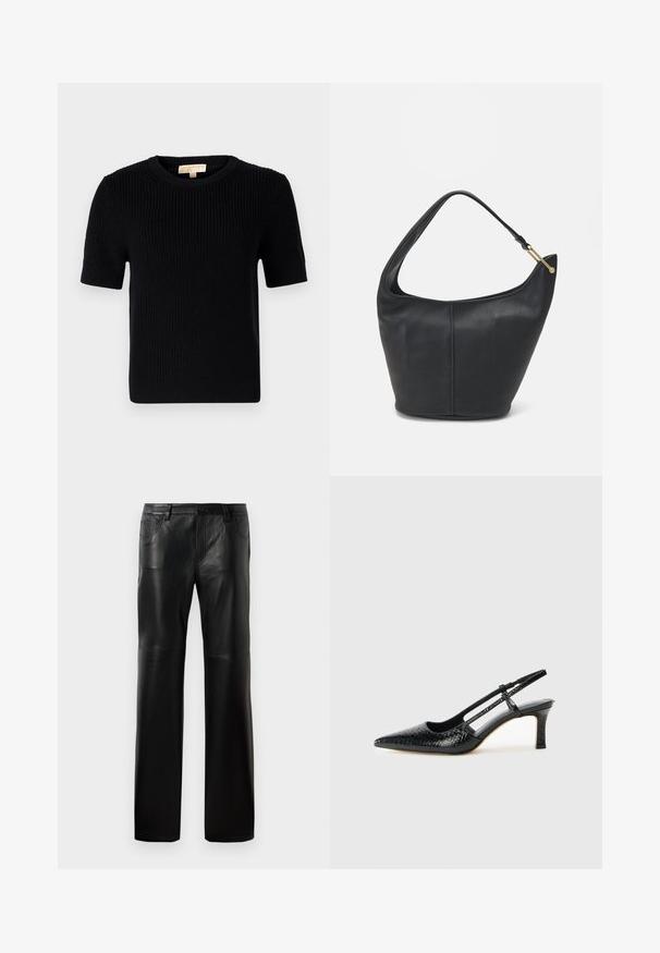 Juodas megztinis trumpomis rankovėmis su apvaliomis iškirptėmis. Siūlo gumbuotą tekstūrą ir tiesų apatinį kraštą. Etiketė vidinėje apykaklėje.; Juodos odinės kelnės su tiesiu kirpimu, su mygtukų juosmeniu, penkiomis kišenėmis ir matomomis siuvimo linijomis. ; Juodai lakuoti slingback aukštakulniai su smailiu nosiu, su tekstūruotu gyvatės raštu, reguliuojama juosta ir trumpu, tekstūruotu blokiniu kulnu.; Juodas odinis moterų rankinės su apvalia forma, plačiu dirželiu ir tekstūruotu paviršiumi. Yra subtilus siūlės detalizavimas ir auksinės spalvos aparatūra.